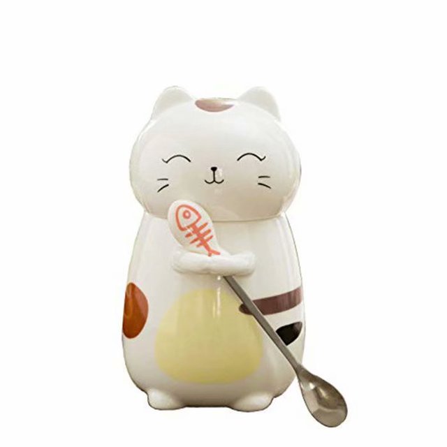 Cute Cat Ceramic Cup 3D Fun Coffee Cup with Cover and Stirring Spoon Creative Birthday Gift, Couple Cup