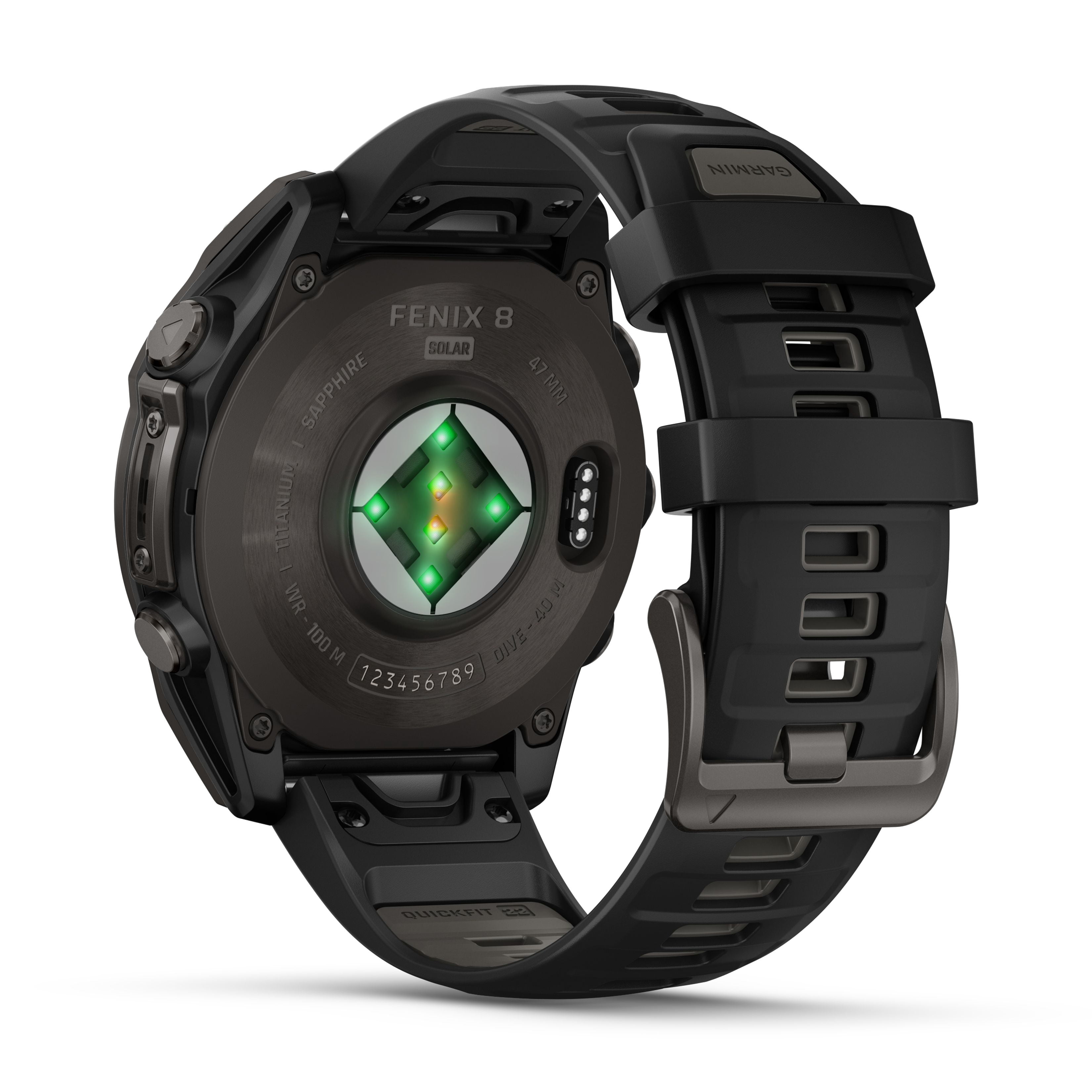 Montre intelligente GPS Garmin fēnix® 8 avec objectif en saphir solaire - 47 mm - Lunette en titane DLC gris carbone avec bracelet en silicone noir/gris galet