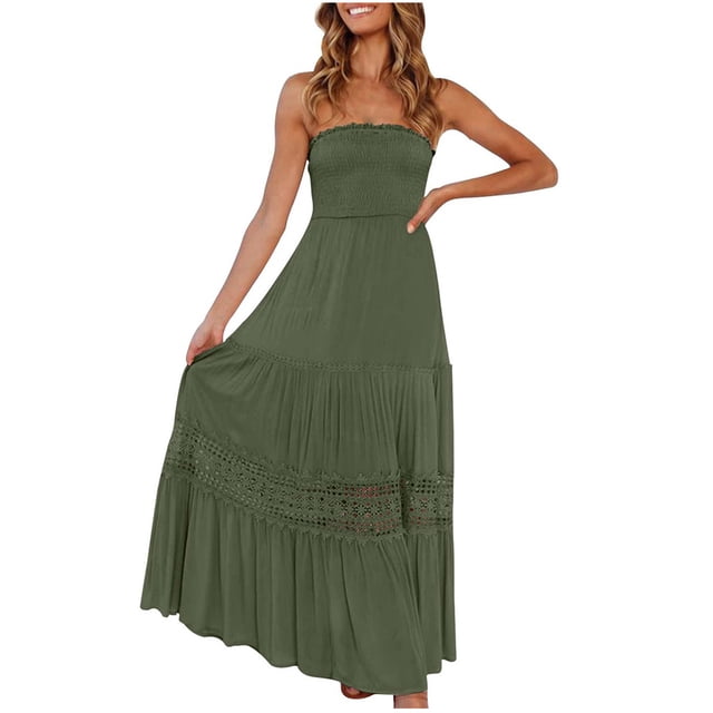 Mrat Robe Tube d'Été Décontractée pour Femme, Sans Manches, Unie en Dentelle, Bretelles Spaghetti, Robes S-134 Vert Armée m