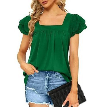 T-shirt à Manches Courtes pour Femmes, Décontracté, Col Carré, Manches Bouffantes, Tunique, Coupe Ample, T-Shirt d'Été, Noir, P-2TG