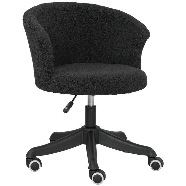 Vinsetto Fluffy Office Chair with Adjustable Height, Armless, Black. Designed for comfort and functionality, featuring a curved backrest and thick foam padding. Upholstered in soft teddy fleece fabric with a sleek black finish. Adjustable seat height from 16.5 to 19.7 inches. Equipped with durable PU castors for smooth movement on hardwood, laminate, and tile floors. Weight capacity of 264 lbs. Suitable for home offices or study areas, and complements furniture accessories.