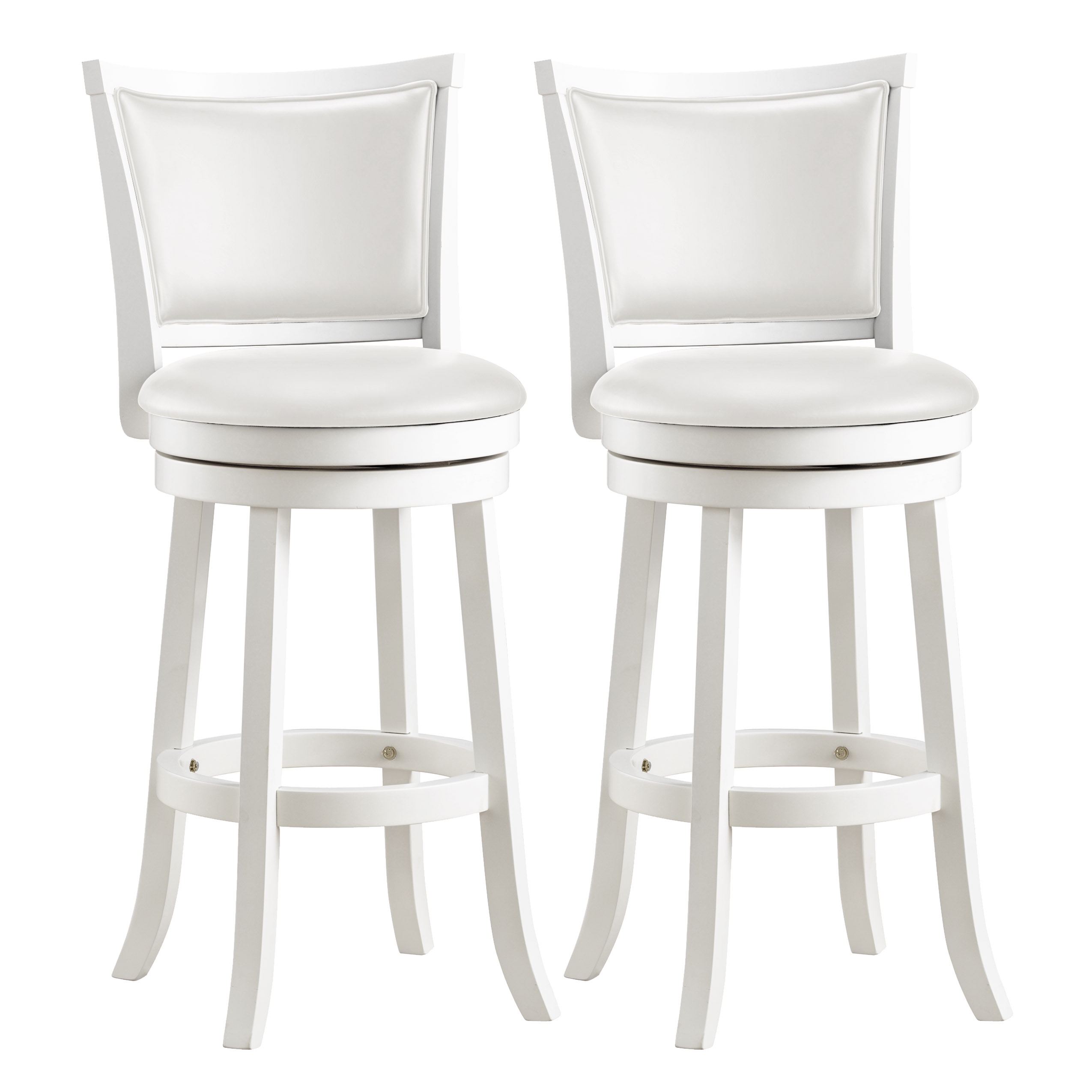 Tabourets de bar pivotants d'intérieur CorLiving Wesley en bois massif, hauteur bar, avec assises et dossiers rembourrés en similicuir, blanc (lot de 2)