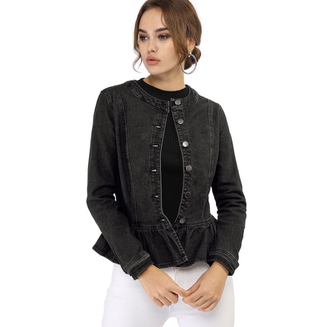 INSPIRE CHIC Veste en Denim à Basque pour Femme, Col Rond, Sans Col, Boutonnée