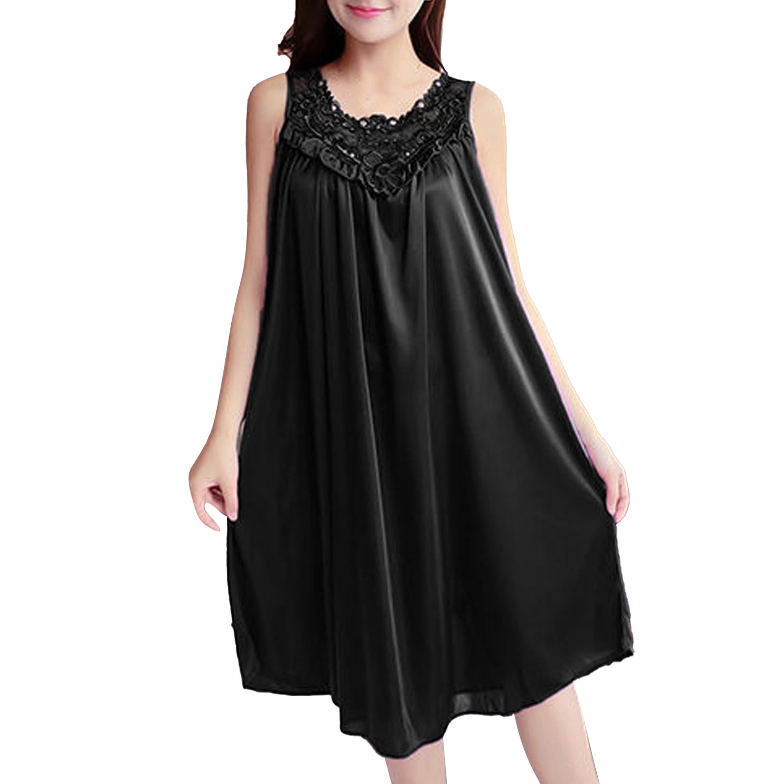 Kcodviy Robe Décontractée Unie pour Femmes en Coton, Nuisette Sans Manches à Col Rond en Dentelle, Chemises de Nuit Surdimensionnées pour Femmes, Robe à Empiècements, Chandail Ample à Boutons devant, Robe de Nuit