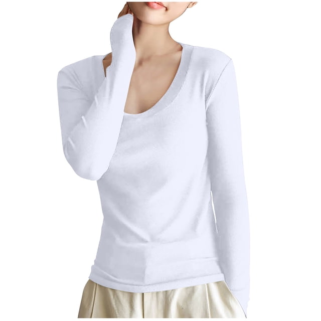 Yuyuzo T-Shirts à Manches Longues pour Femmes Col Rond Chandail Top Couleur Unie Basique T-Shirts Couche de Base