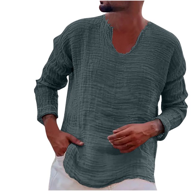 Yuyuzo Long Sleeve Shirts for Men Spring Fall Loose Casual V Neck Lightweight Solid Color Tee Tops