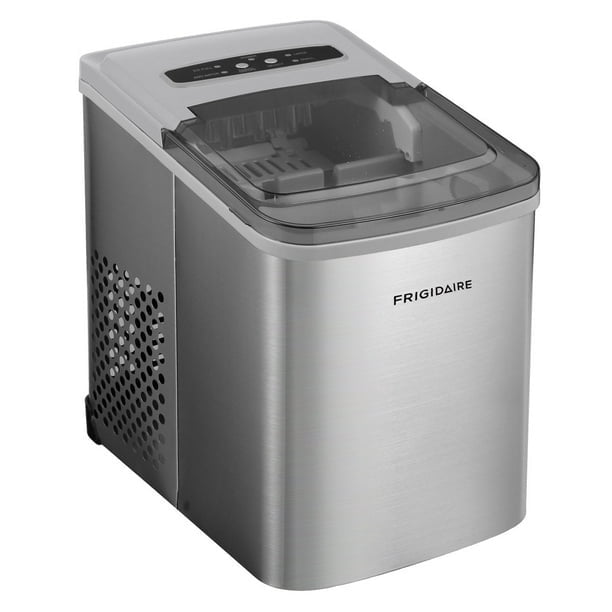 Frigidaire Self-Cleaning Ice Maker in stainless steel and black finish. This freestanding portable ice maker produces up to 26 lbs (12 kg) of bullet-shaped ice per day and offers two ice size options. Features include a digital LCD control panel, a large see-through window, and a 2.3 qt (2.18 L) water tank. Compact design suitable for small kitchens, RVs, boats, and dorm rooms. Includes an ice scoop and drain plug for convenience.