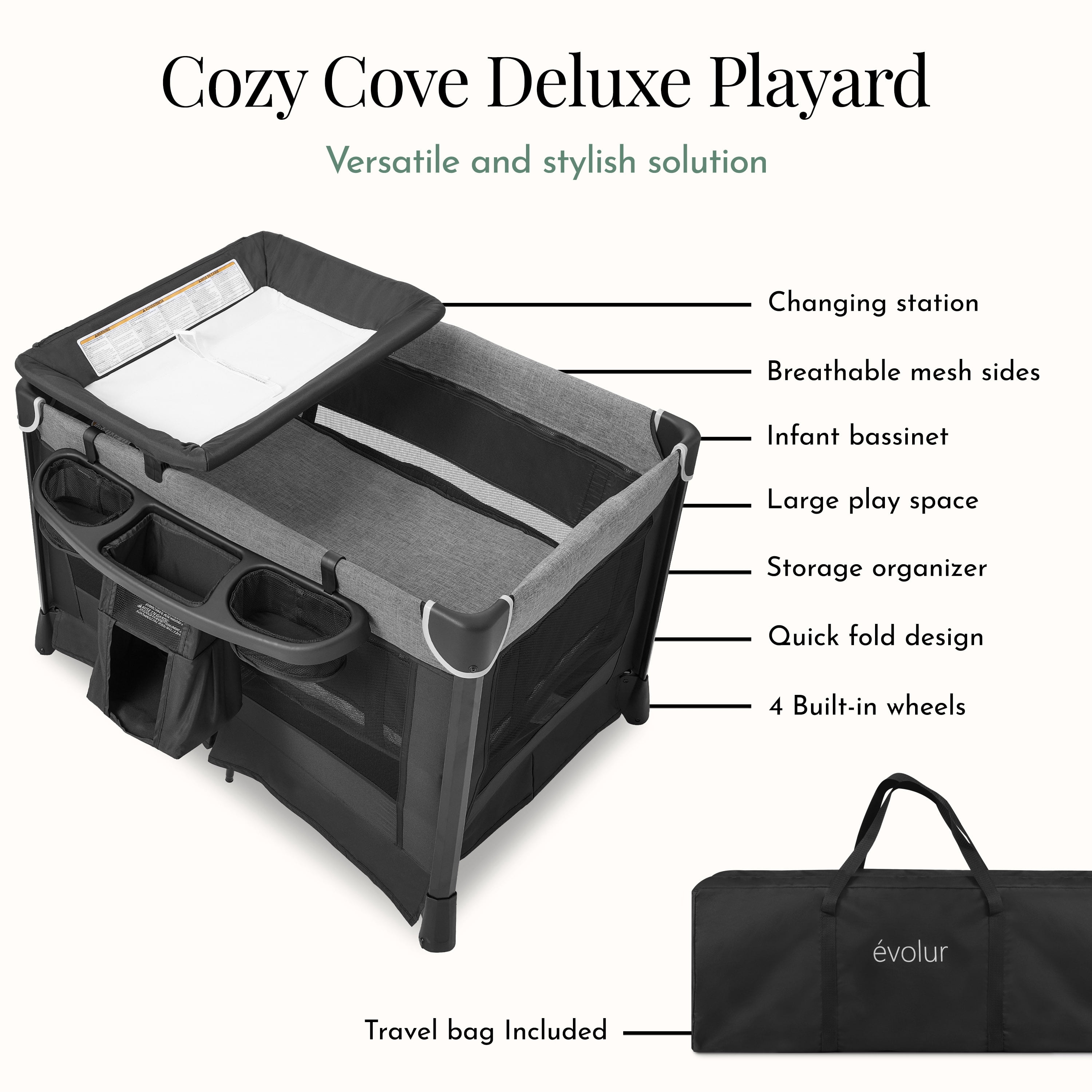 Evolur Cozy Cove Deluxe Playard, Black