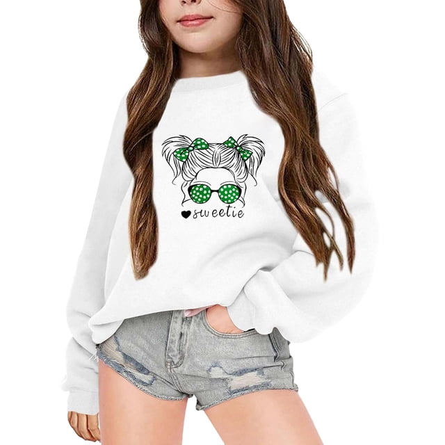 PMVFHDE Chandails pour Fille Chandails pour Enfants Filles Automne et Hiver Partie Lettres Imprimées Col Rond Chandail à Manches Longues Blanc, 7-8 Ans