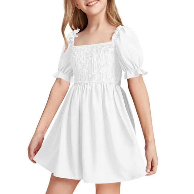 Robe pour Tout-Petite Fille à Manches Bouffantes, Robes de Printemps pour Filles, Robe Évasée à Étages en Ligne A, Robe Smockée, Robes d'Anniversaire pour Filles