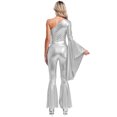 thumbnail image 2 of Raenseen Womens Metallic Shiny Flare Sleeve Bodysuit Hippie Bell Bottom Jazz Dance Rave Party Silver L, 2 of 6