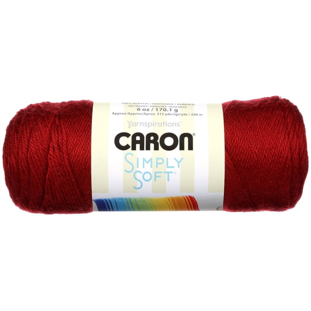 Caron Simply Soft Yarn acrylic #4 medium weight in deep red, 6 oz (170 g) skein with 315 yards, showing smooth, lustrous acrylic fibers tightly wound, ideal for knitting, crochet, and versatile craft projects.