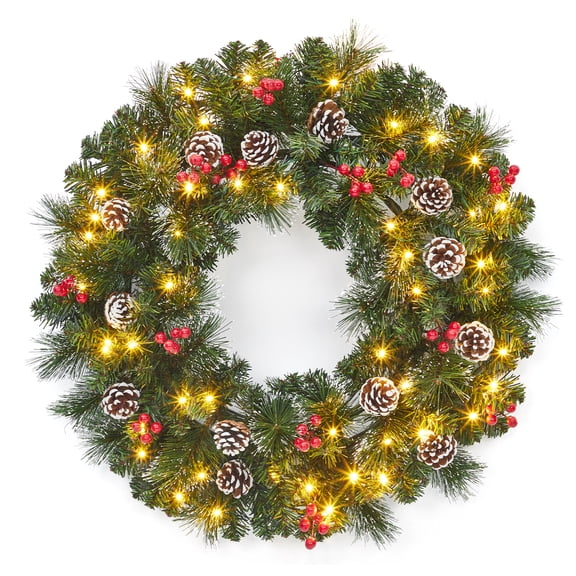 Couronne de Pin et de Cèdre de Noël Réaliste de 24 Po, Grande Décoration de Porte d'Hiver pour l'Intérieur et l'Extérieur, Décoration Suspendue de Style Ferme pour Porte d'Entrée