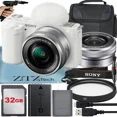 thumbnail image 1 of Sony Alpha ZV-E10 Mirrorless Vlog Camera With 16-50mm Lens + 32GB Memory Card + Tripod + Case + ZeeTech Accessory Bundle (White), 1 of 1