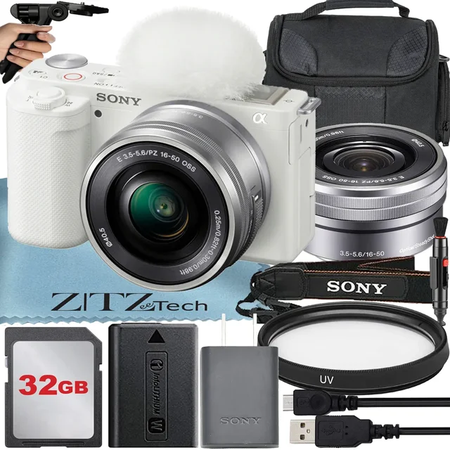Sony Alpha ZV-E10 Mirrorless Vlog Camera With 16-50mm Lens + 32GB Memory Card + Tripod + Case + ZeeTech Accessory Bundle (White)