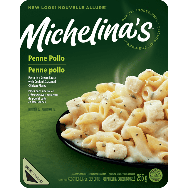 Michelina's Penne Pollo Pasta with penne pasta in a creamy sauce and cooked seasoned chicken pieces on a black plate, 255 g package with green background and bilingual English-French text, ideal for quick Italian meal preparation.