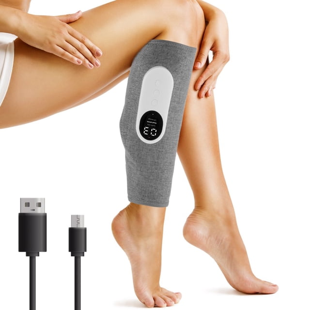 LNGOOR Leg Massager for Circulation, featuring air compression and heat, shown wrapped around a calf. The gray woven fabric massager includes an external controller with a digital display and three buttons for adjusting modes, intensities, and heating levels. A Type-C charging cable is also displayed, highlighting its rechargeable and cordless design. Suitable for improving blood circulation, relieving muscle soreness, and providing relaxation.
