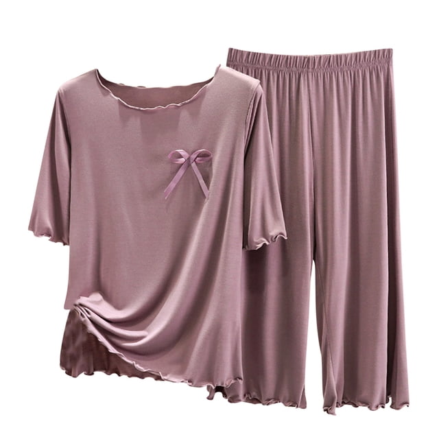 Yuyuzo Ensembles de Pyjama 2 Pcs pour Femmes T-Shirts à Manches Courtes à Col Ras du Cou Pantalons Amples Confortables Ensembles de Pyjamas à Volants Vêtements de Nuit