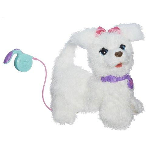 FurReal Friends Get Up & GoGo My Walkin' Pup Pet, a plush interactive electronic puppy with white fur, pink bow, and purple collar, shown with its leash controller. This toy walks, wags its tail, sits, and responds to voice commands with barks, offering lifelike pet experiences.