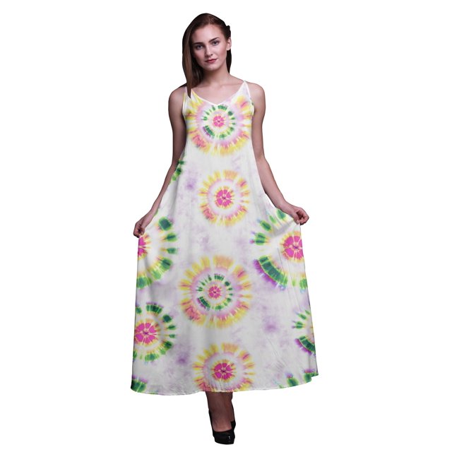 Bimba Robe Longue Sans Manches à Bretelles Spaghetti Imprimée Teinture sur Nœuds en Rayonne pour Femmes - Moyen