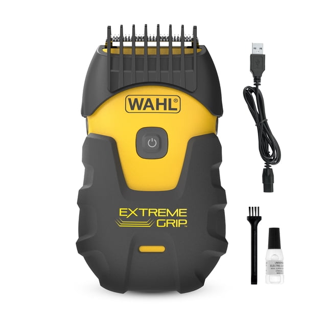Wahl Lithium Ion+ Extreme Grip Body Groomer Model 3310 with black and yellow ergonomic design, 5 adjustable cutting lengths, skin-safe ball-pointed blade and wrap-around guide comb, USB charging cable, cleaning brush, and blade oil, waterproof for wet or dry use with up to 2.5 hours cordless runtime, ideal for precise full-body grooming.