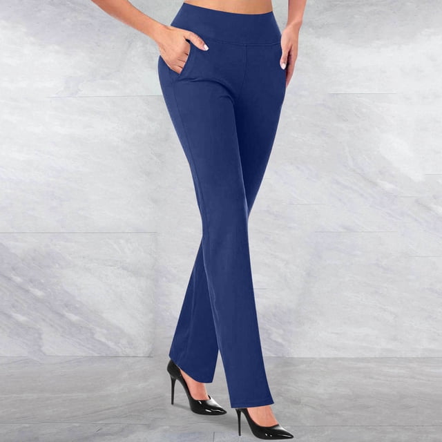 CFLVAEK Fitted Business Pants for Women in a solid blue color, featuring a mid-rise waist, full-length design, and side pockets. These micro pull temperament trousers are styled for both leisure and work settings, shown paired with black high heels on a light grey background.