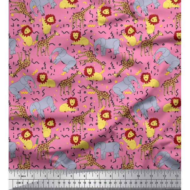 Soimoi Pink Poly Georgette Fabric Lion,Giraffe & Elephant Kids Decor Fabric Printed BTY 42 Inch Wide
