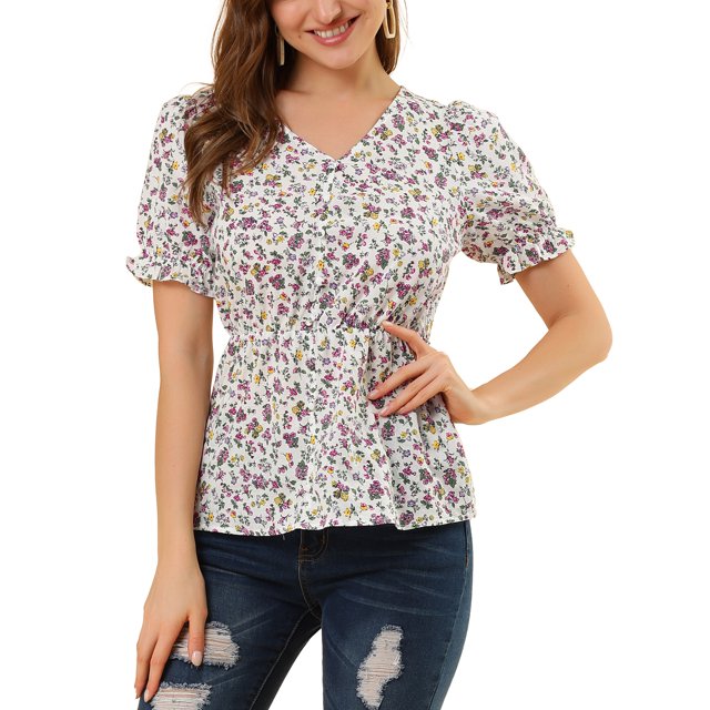 INSPIRE CHIC Women's Faux Placket Ruffle Hem Puff Sleeve Button Decor Peplum Top