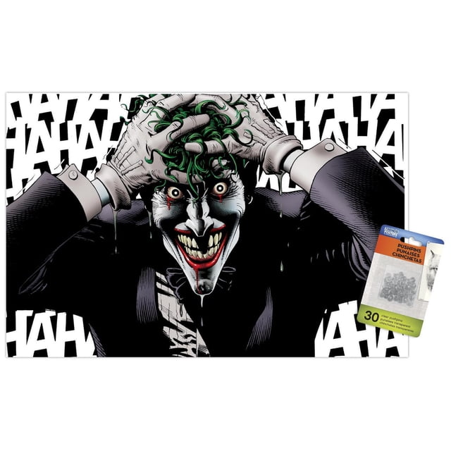 DC Comics - The Joker - Affiche Murale Folle, 22,375 Po x 34 Po Mettant en Vedette une illustration Graphique du Joker en Complet Noir et Chemise Blanche avec Nœud Papillon, Saisissant Ses Cheveux Verts avec des Mains Gantées, sur Fond Blanc avec Texte Noir Répétitif « HA HA », Convient à la Décoration Murale de Chambre, Bureau Ou Dortoir.