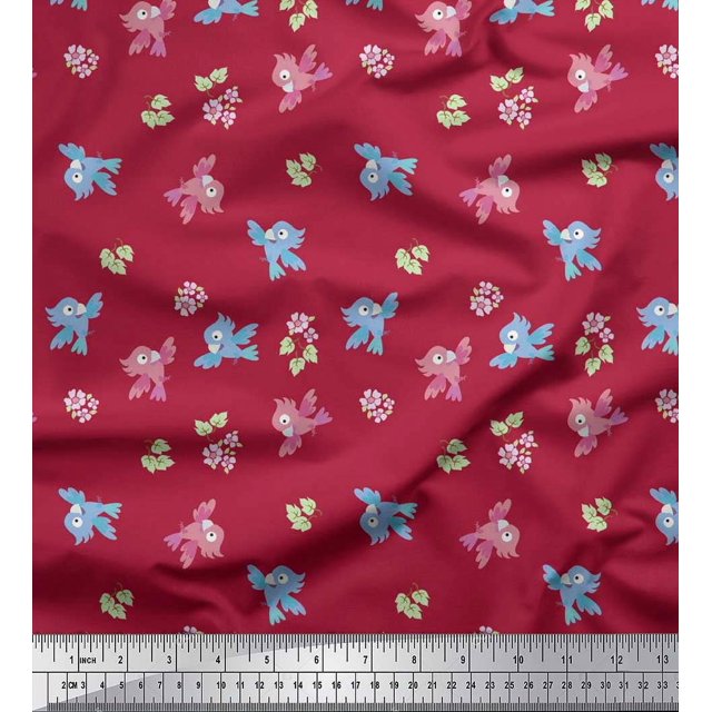 Soimoi Poly Georgette Fabric Leaves,Floral & Parrot Kids Decor Fabric Printed Yard 52 Inch Wide