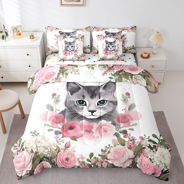 YST Literie Chat Mignon Ensemble de Douillette à Thème Animal 7 Pcs, Très Grand Lit, Floral Coloré, Roses Roses
