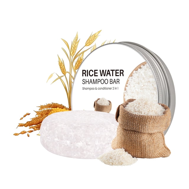 Deals of The Day! Gspmoly Handmade Soaps, Rice Shampoo Wash Rice Water Hand Soap Hair Care Soap Hair Shampoo 60G Organic Soaps. A round rice water shampoo bar paired with burlap sacks of rice grains and wheat stalks, highlighting its organic composition and moisturizing benefits for hair and skin.