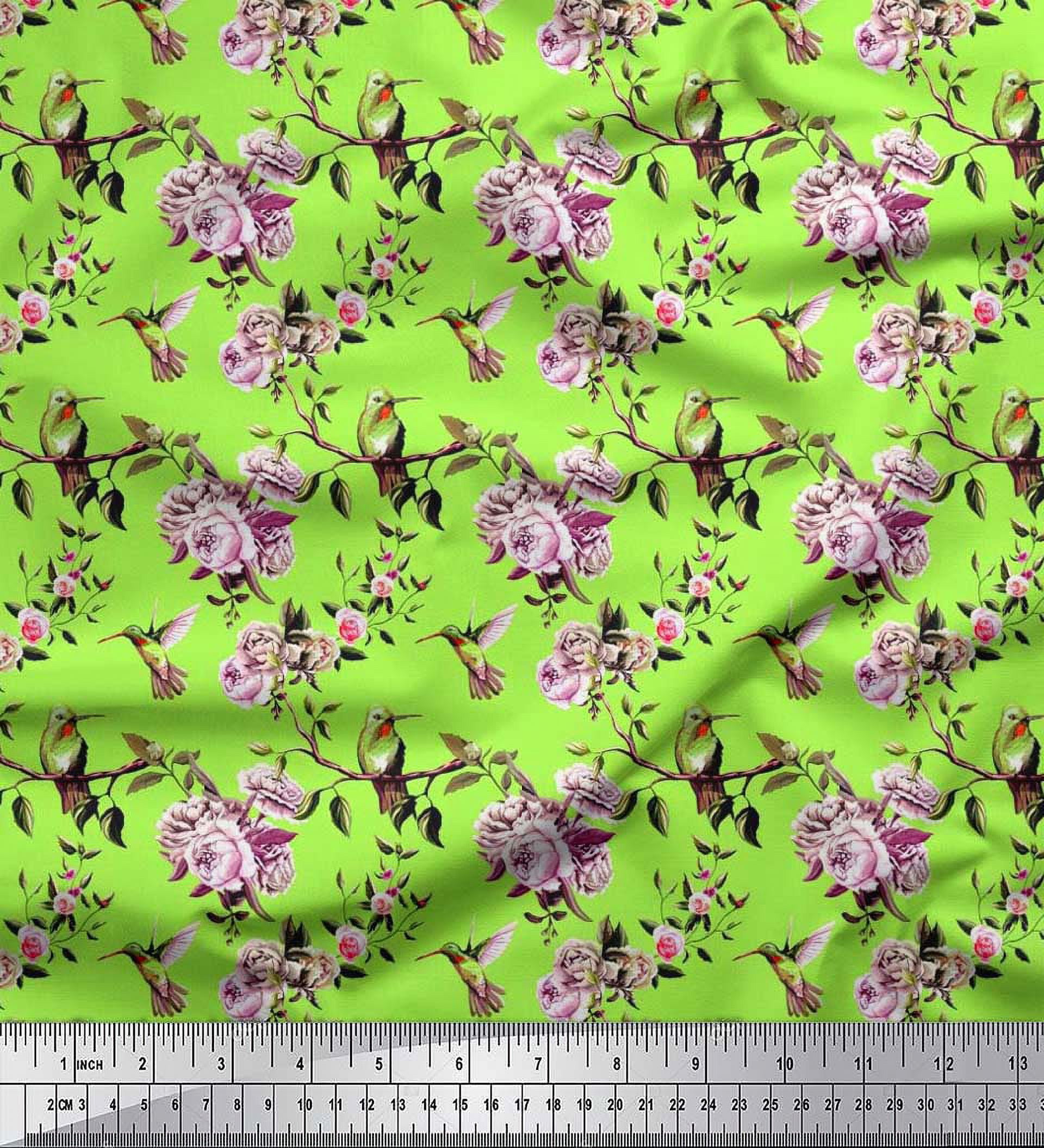 Soimoi Rayon Fabric Hummingbird,Leaves & Rose Floral Print Fabric by Yard 56 Inch Wide