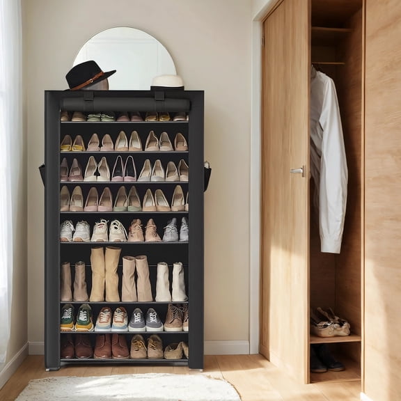 LEDREM Étagère à Chaussures à 9 Niveaux avec Housse Antipoussière, Organisateur de Rangement pour 40-50 Paires de Chaussures, Tablettes Ajustables pour Bottes et Talons, 63 Pouces, Noir