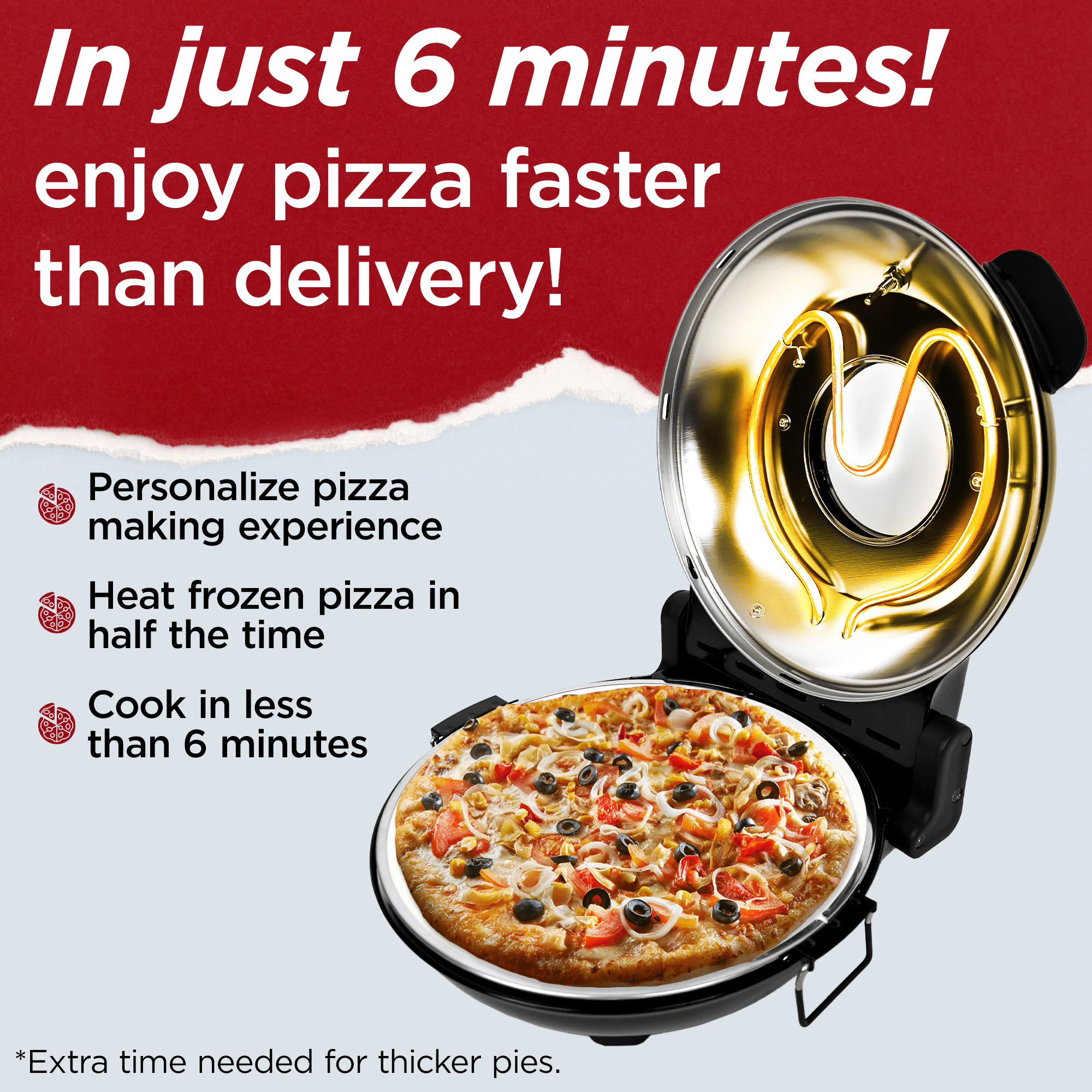 Culinary Chef 1200 Watt High Temperature Indoor Pizza Maker, Electric Pizza Oven with Built-in Thermostat & Pizza Stone, Black