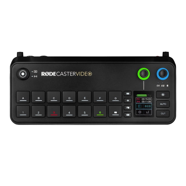 RØDE RØDECaster Video - Commutateur Vidéo Professionnel et Interface Audio Comprenant une console Noire Compacte avec six Boutons d'Entrée Vidéo, un Petit Écran d'Affichage et des Cadrans Rotatifs pour un Contrôle Intuitif. Conçu pour des Installations Multi-Appareils Photo avec une Résolution 1080p60, Il Prend en Charge jusqu'à six sources Vidéo (4x HDMI, 2x USB) et des Scènes Multi-Sources Personnalisables. Comprend des Prises combo Neutrik pour une Entrée Audio de Haute Qualité, la Lecture de Médias, des