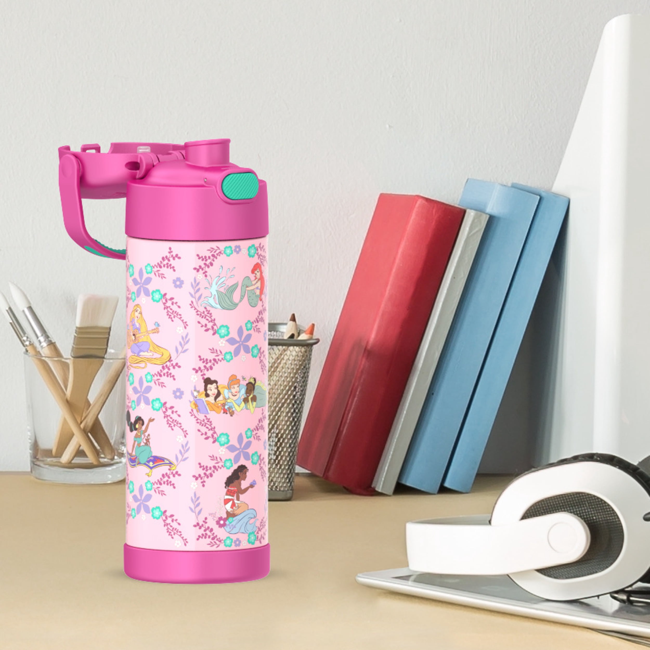 Bouteille isotherme Thermos Kids Funtainer en acier inoxydable de 470 ml avec bouchon à bec verseur, Princesse