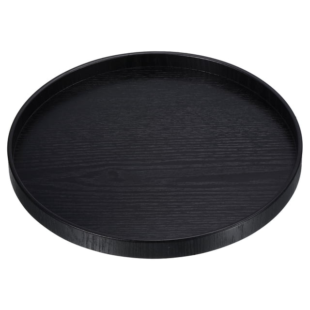 Unique Bargains 10-inch round wood serving tray in black with a raised edge design for non-slip functionality. Made of solid wood with a glaze-treated surface for durability and easy cleaning. Suitable for serving appetizers, desserts, or as a decorative platter for candles, potted plants, or kitchen table serveware.