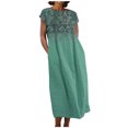 thumbnail image 2 of Meichang Robes en Lin pour Femmes 2024 Rétro à Imprimé Floral Coupe Ample Robes Midi Manches Courtes Col Rond Robes d'Été Décontractées Évasées Légères Confortables Longues Robes de Travail Vert Menthe TTTG, 2 of 5