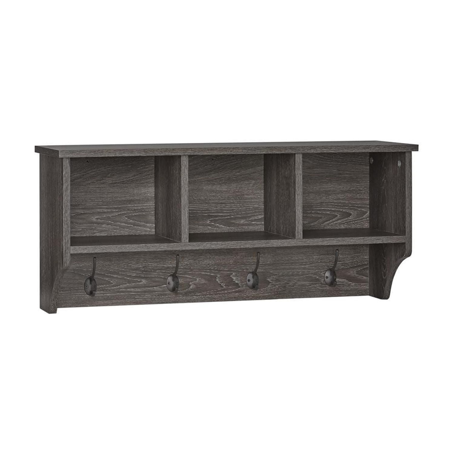 RiverRidge® Home Woodbury Collection 14-inch H x 31.63-inch W x 9.38-inch D Wall Shelf with Cubbies and Hooks in Weathered Wood