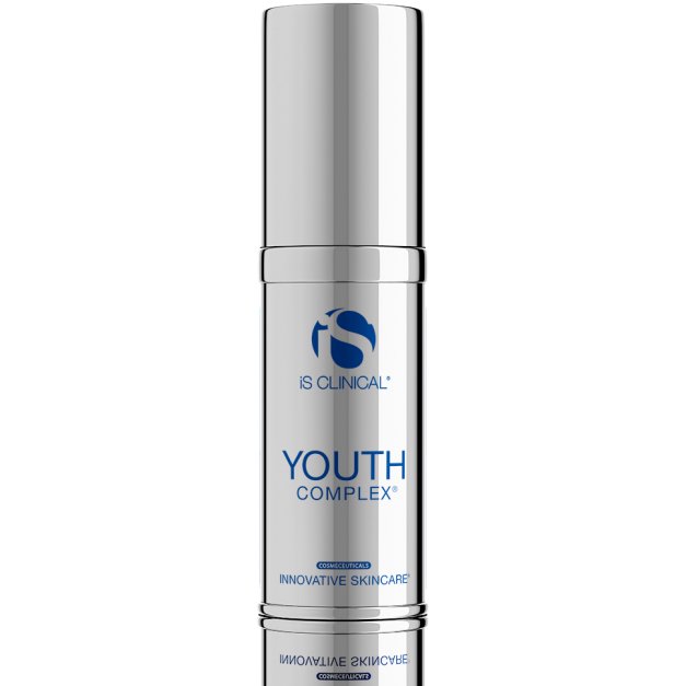 iS CLINICAL Youth Complex anti-aging face moisturizer in a sleek silver cylindrical bottle with blue branding. Formulated to fight wrinkles, hydrate, plump, and exfoliate skin for a youthful appearance.