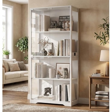 Vitrine en Verre à 4 Niveaux, Armoires Bibliothèque Curio avec Portes en Verre, 3 Lumières Colorées, Capteur de Corps Humain et Ports de Recharge, pour Salon, Chambre, Bureau à Domicile
