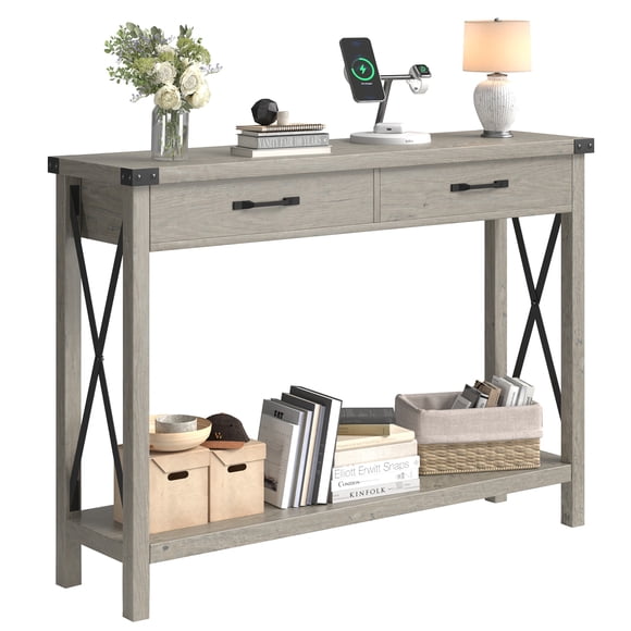 Ourlova Entryway Table 43in Farmhouse Console Table 2-Tier Wood Sofa Table with Shelf Behind Couch Table Console Tables
