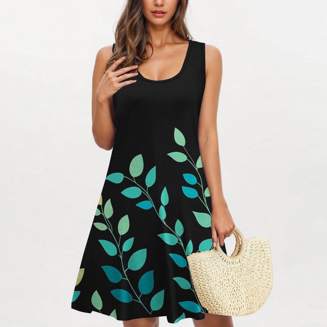 Ovzne Robes pour Femmes Robe Femme Robe Tendance Décontractée Imprimée avec Poches Sans Manches Col de Jardin Robe de Printemps Robe Imprimée Liquidation