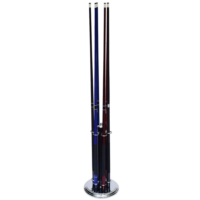 Westmont Floor Standing Pool Cue Rack holding six billiard cues in black, blue, and burgundy, featuring a chrome circular base and metal rings for secure, space-saving game room storage.