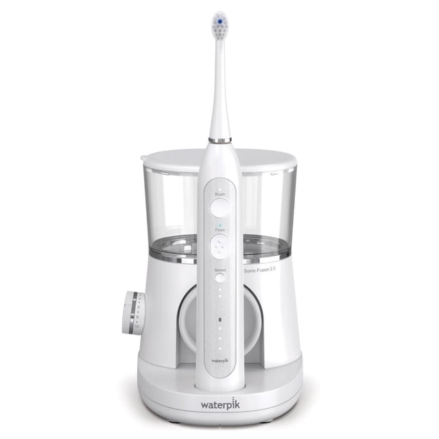 Waterpik Sonic-Fusion 2.0 Water Flosser in white with a slim sonic toothbrush handle on a base featuring a clear water reservoir, buttons for brush, floss, and speed modes, and a side dial for water pressure, ideal for advanced oral care and dental flossing.