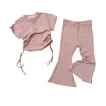 thumbnail image 1 of Zwiiyzr 2025 Toddler Girl Summer Outfits Solid Colour Drawstring Short Sleeve Flared Pants Two Set Cute Pants Size 2-8 Years Pink, 1 of 4