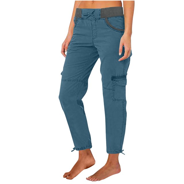 Jsaierl Womens Casual Loose Cargo Pants Elastic Waist Drawstring Plus Size Pants Comfy Adjustable Leg Opening Straight Leg Pants with Pockets