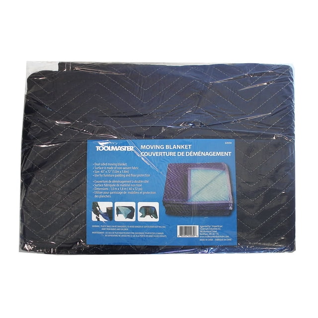 Toolmaster Moving Blanket folded and packaged in clear plastic, showing a dark dual-sided moving blanket with quilted chevron stitching made of durable non-woven fabric, measuring 40 by 72 inches (1.0m x 1.8m), ideal for protecting furniture and floors during moving, storage, or general padding.