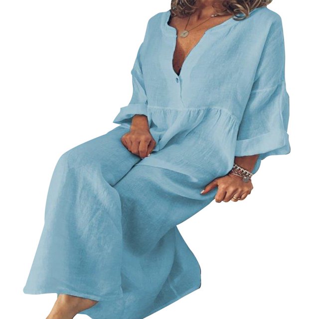 CHUANK Robe Maxi Ample à Manches Longues en Coton et Lin pour Femmes, Grande Taille, Unie, Boutonnée